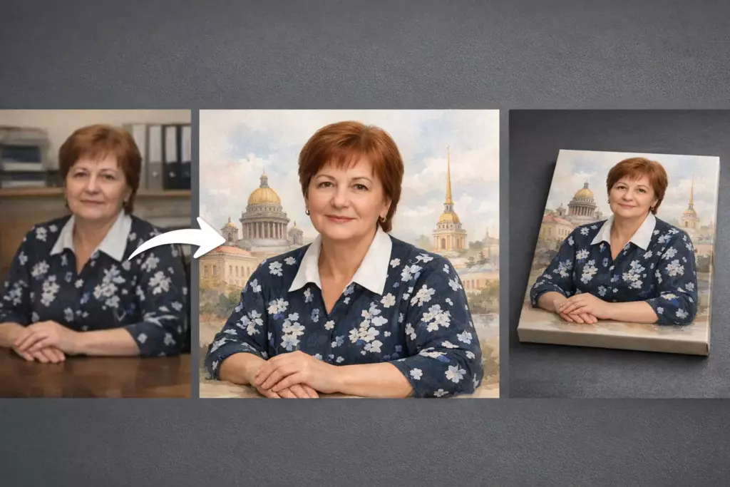 Плохой свет, шум и офисный фон - убираем дефекты, возвращаем живой взгляд и меняем фон на акварельный пейзаж Петербурга